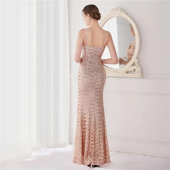 New Sequin Ruched Spaghetti Strap High Slit JS100 R Gold - Picture 2 of 3